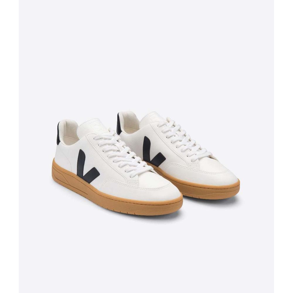 Women's Veja V-12 LEATHER Sneakers White/Black | ZA 667CTV